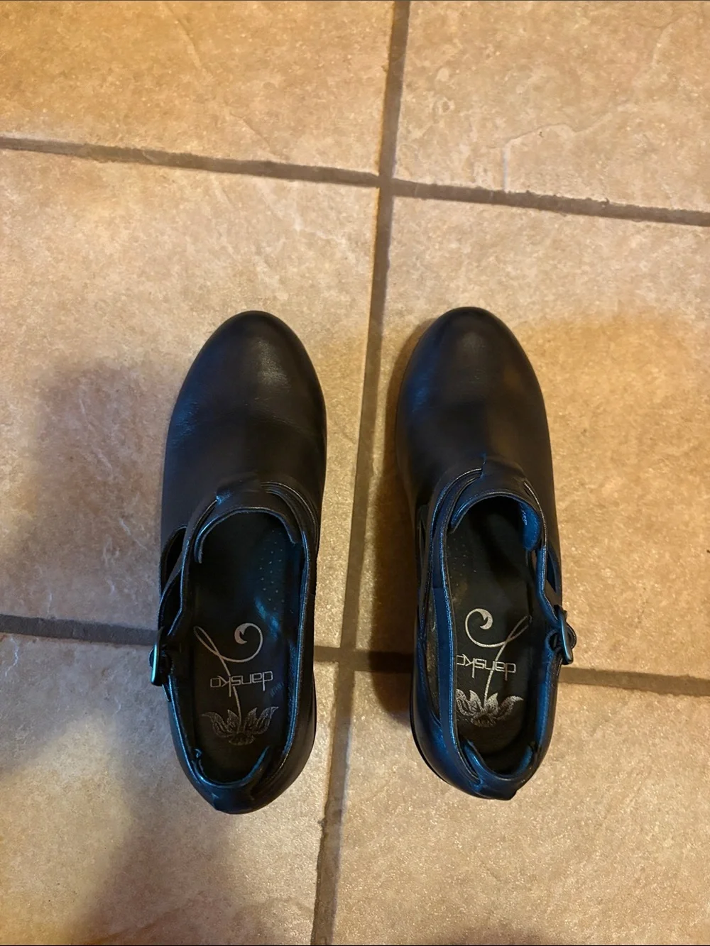Dansko Black Leather Wedge Ankle Booties with Buckle